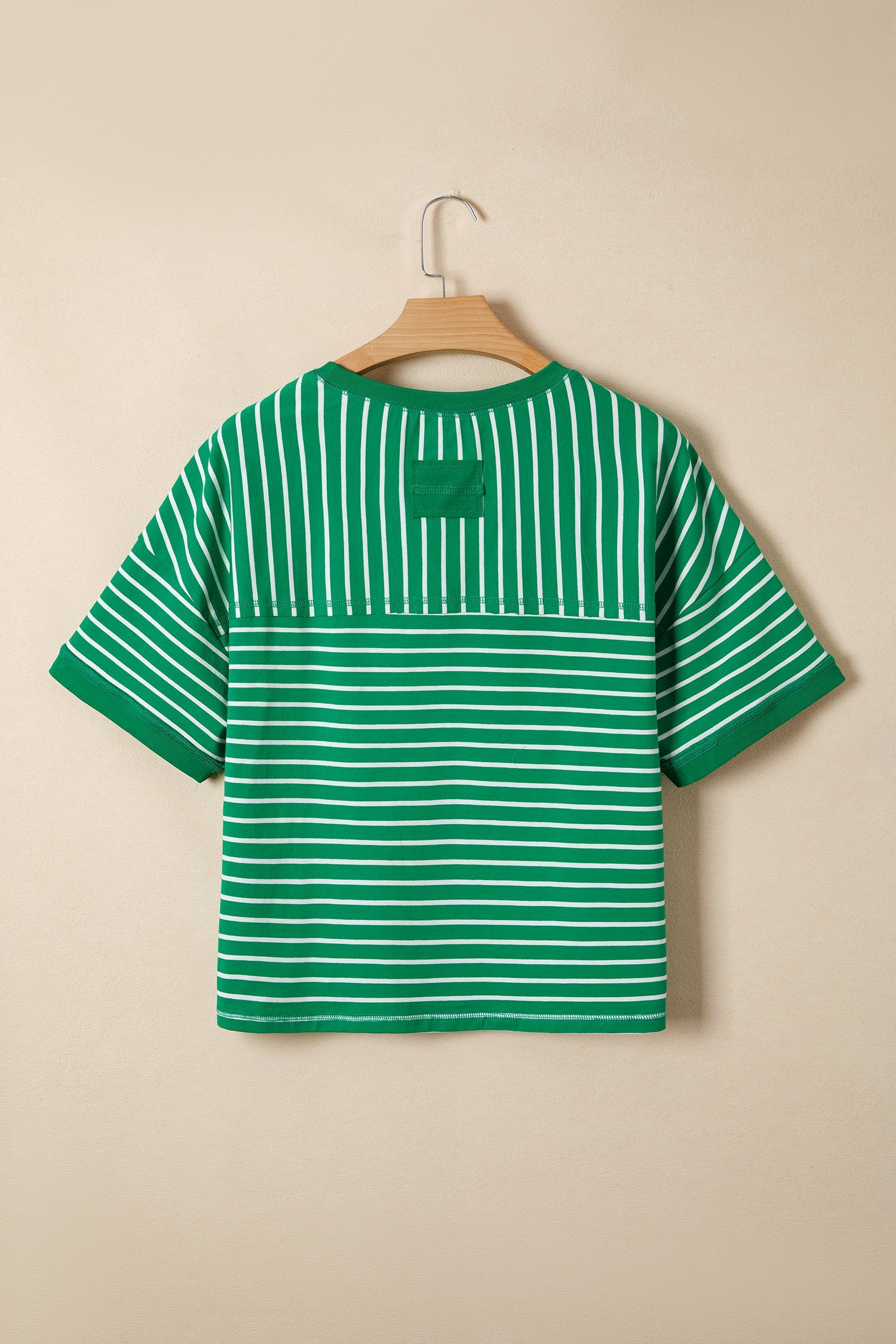 Rib-Knit Patchwork Stripe Patchwork Seam Detail Half Sleeve Tee in Green