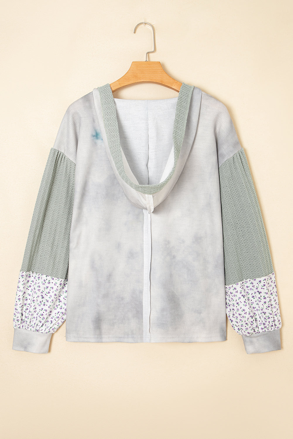 Floral Patched Waffle Textured Colorblock V-Neck Everyday Hooded Top