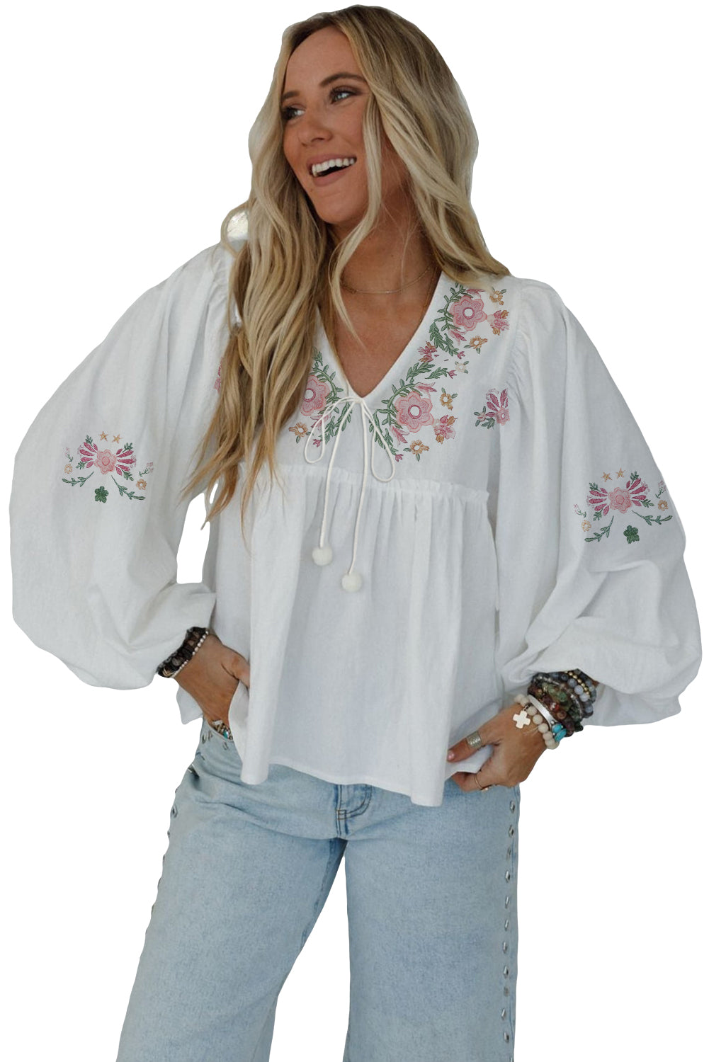 Lace-up Flower Print V-Neck Babydoll Blouse