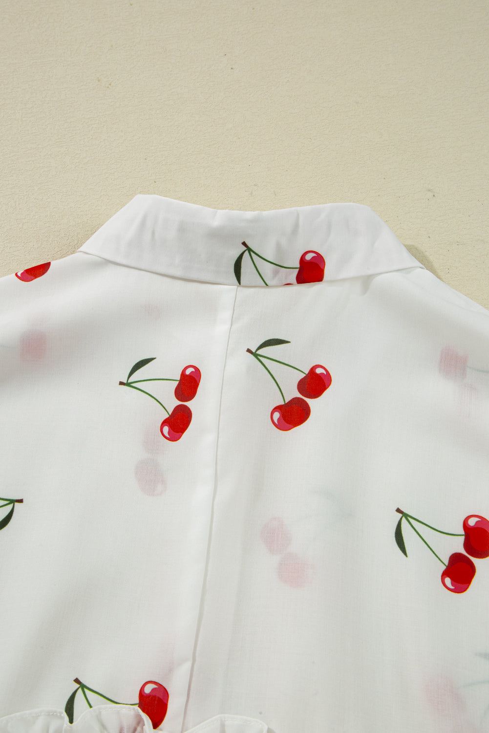 Print Flounce Cherry Flounce Sleeve Collared Frilled Babydoll Blouse