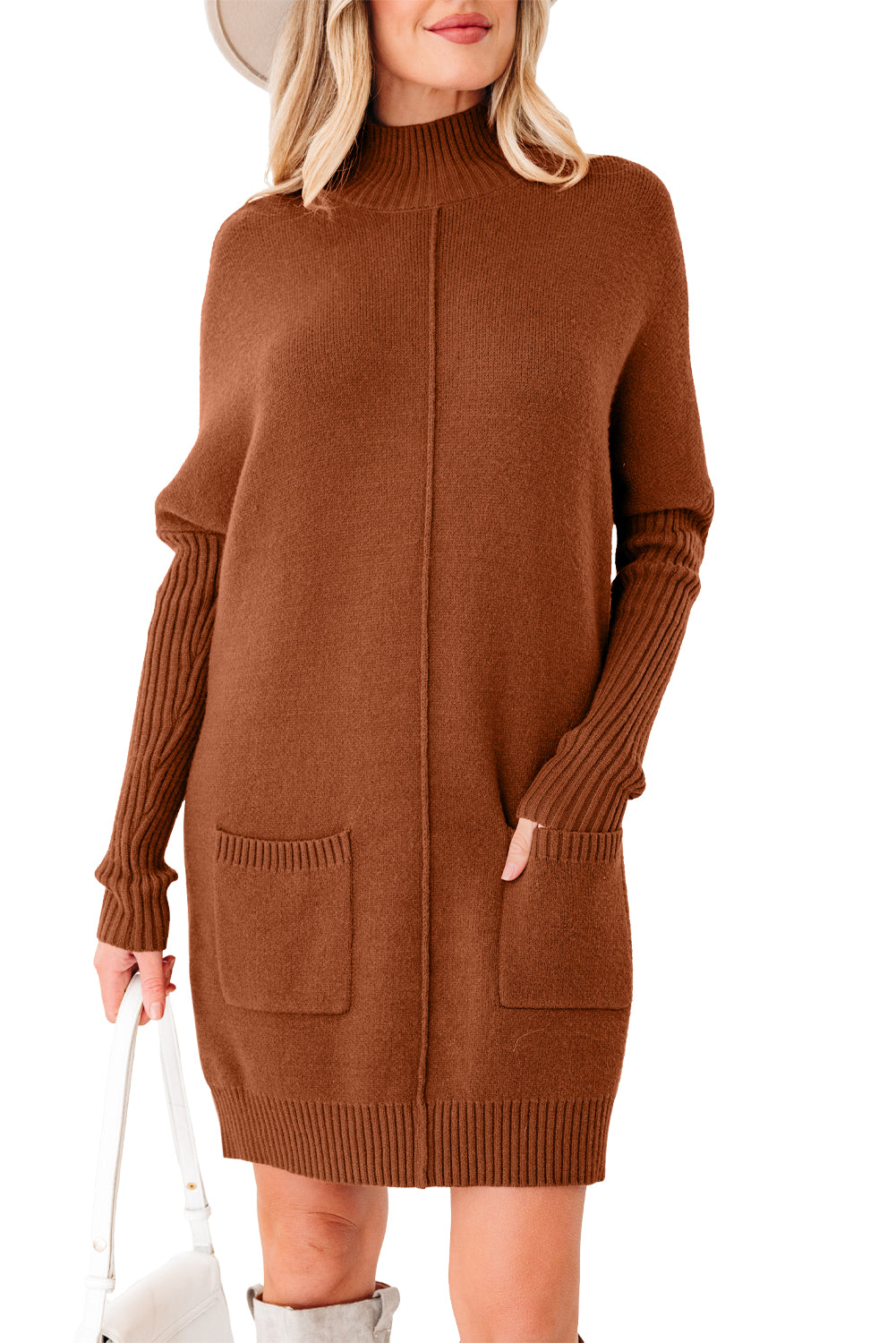 Neck Rib-Knit High Front Pockets Center Seam Shift Knit Top Dress