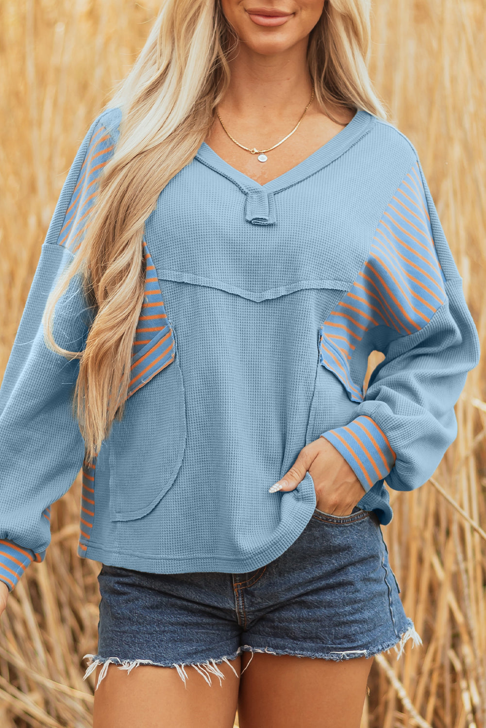 Seam Waffle Exposed Waffle Striped Patchwork Baggy Pullover in Blue