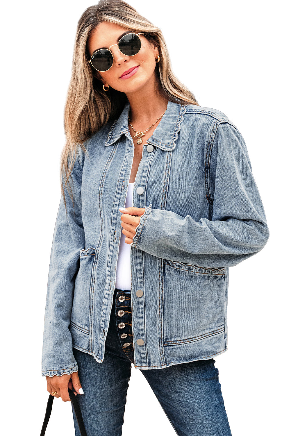 Scallop Patched Trim Collar Pocket Button-Front Denim Jacket