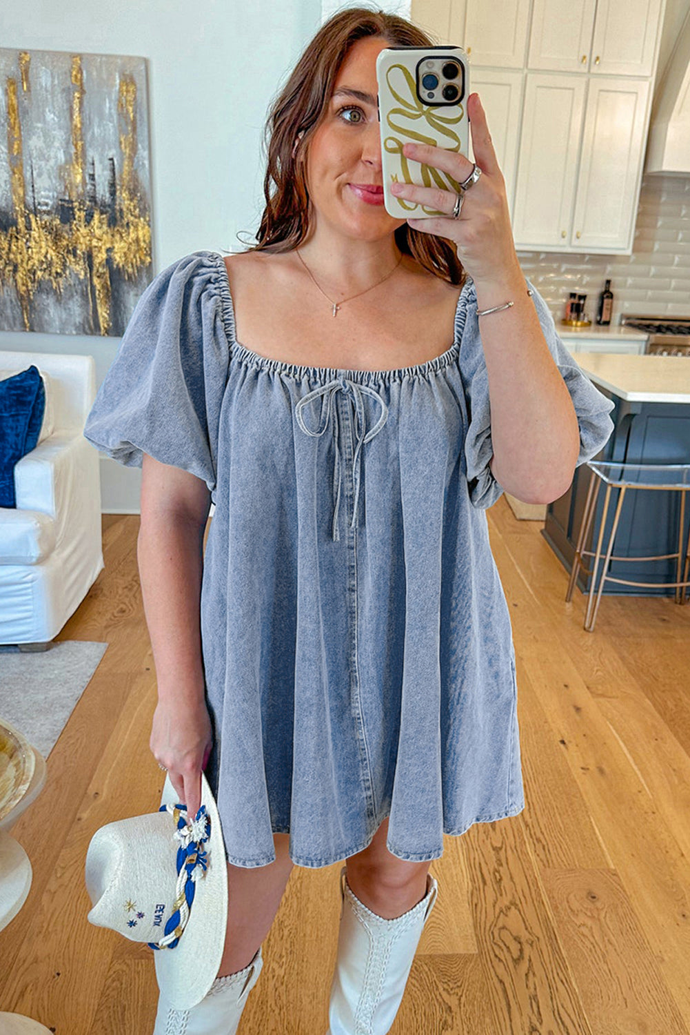Bubble Neck Sleeve Square Denim Babydoll Dress
