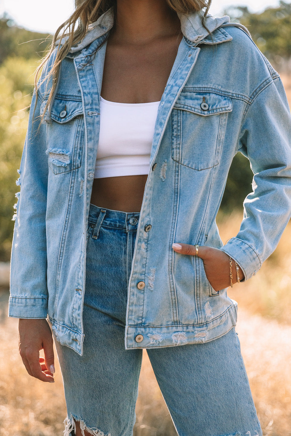 Women's Ripped Hooded Button Closure Denim Jacket