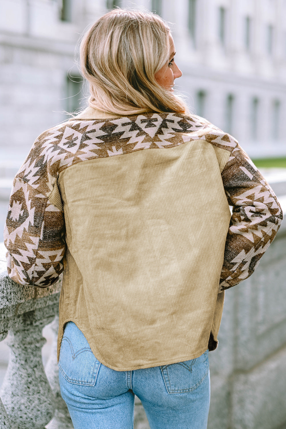 Women's Aztec-Pattern Patchwork Frayed Edge Khaki Cord Jacket