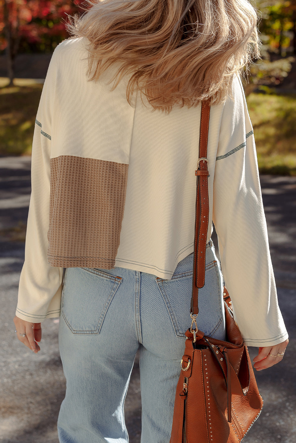 Waffle Knit Colorblock Knit Stitch Detail Long-Sleeved Top in Beige