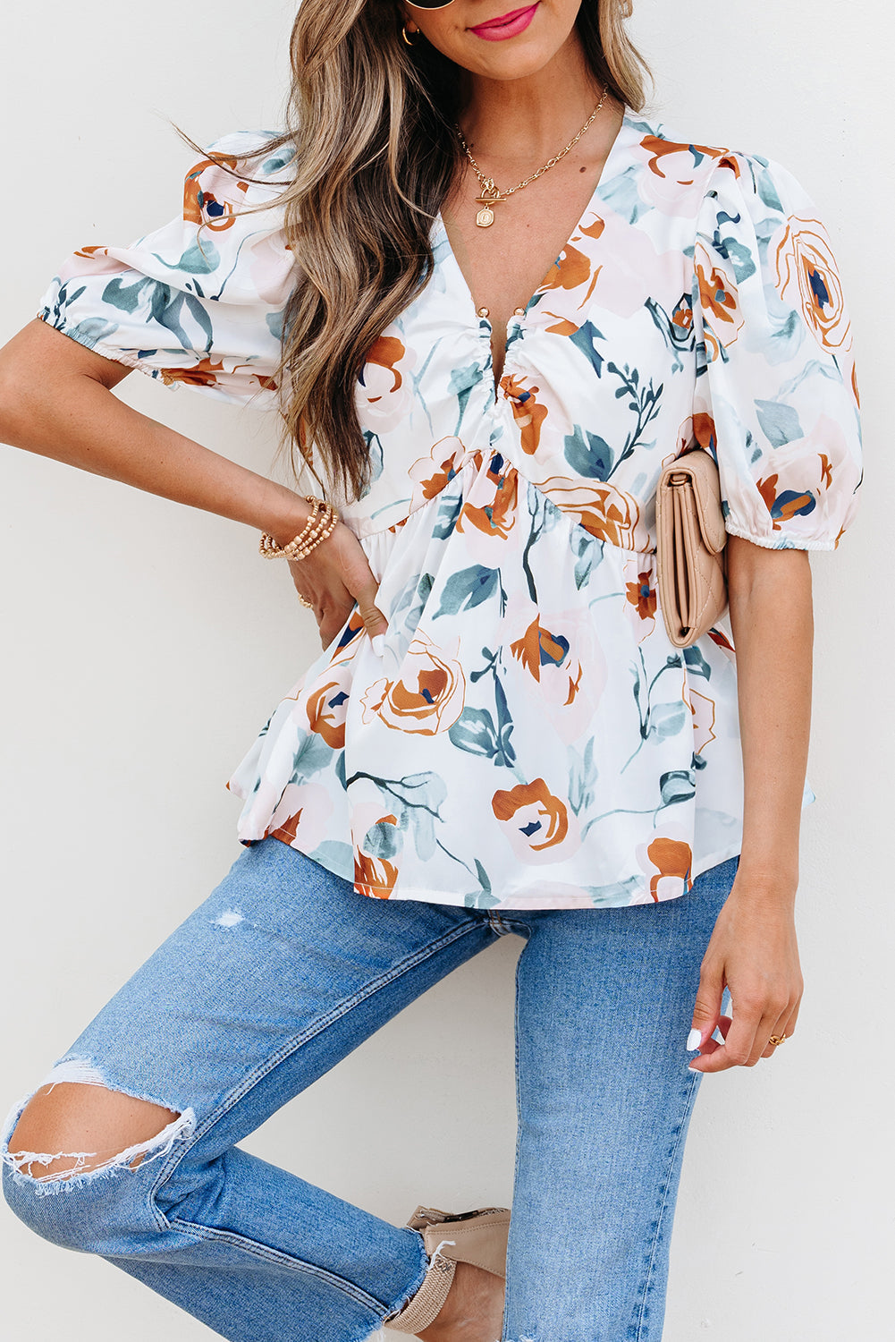 Floral-Print Puff Sleeve V-Neck Babydoll Blouse