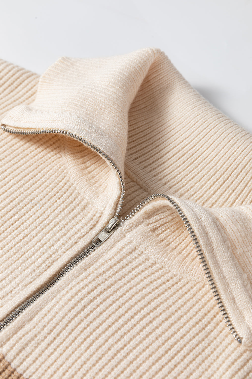 Stripe Zip Rib-Knit Half Collared Knit Top Vest in Khaki