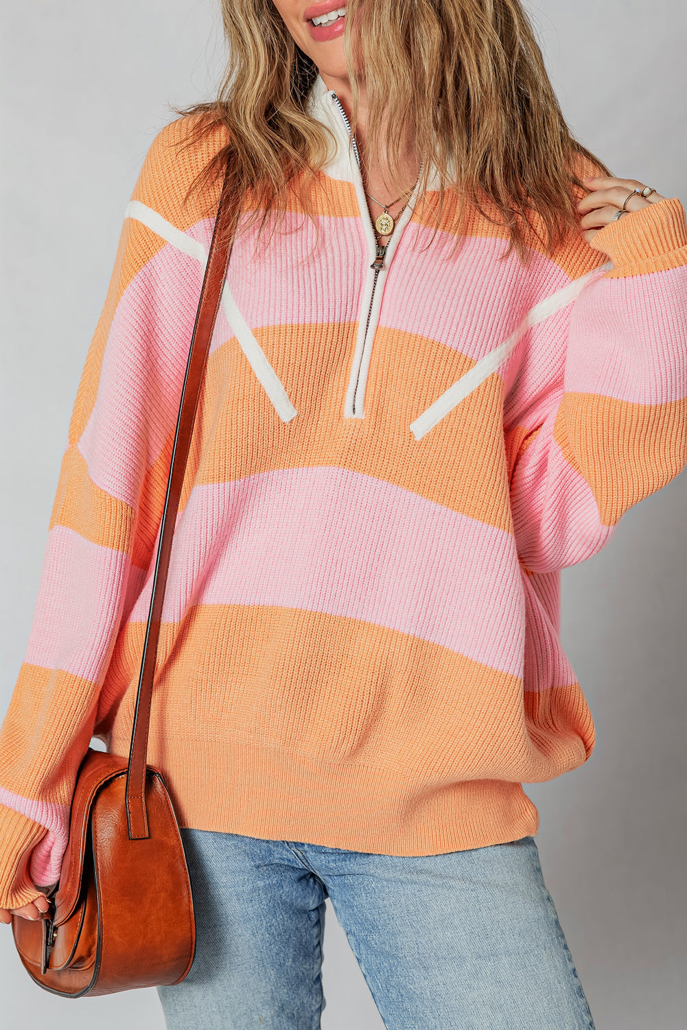 Half Zip Colorblock Zip Oversize Knit Top in Orange