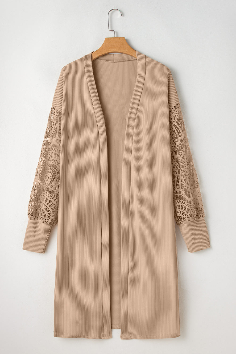 Rib-Knit Lace Patchwork Knit Open-Front Duster Cardigan in Parchment