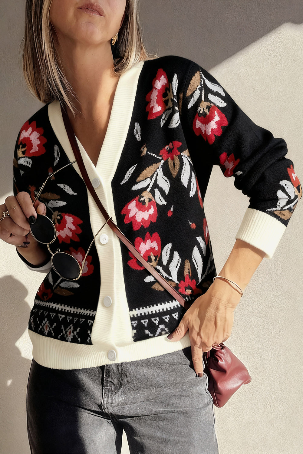 Floral-Print Knit Button-Front V-Neck Cardigan in Black