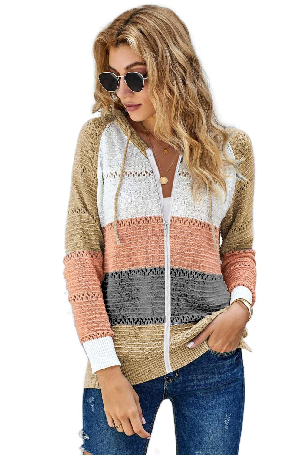 Women's Womens Multicolor Zipped Front Color-Block Hollow-out Knitted Hoodie