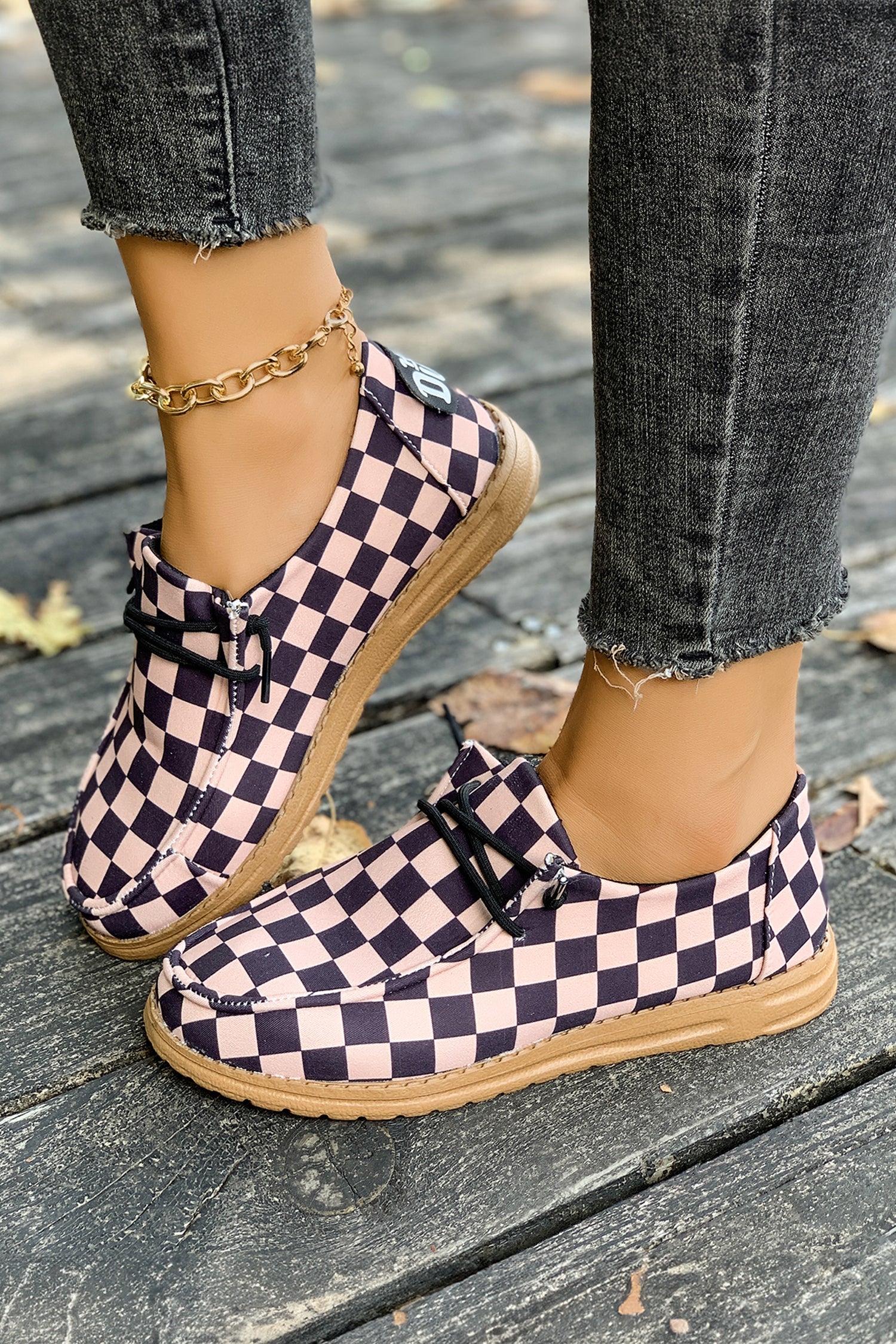 Checkered Leather Print PU Lace Up Detail Flat Shoes