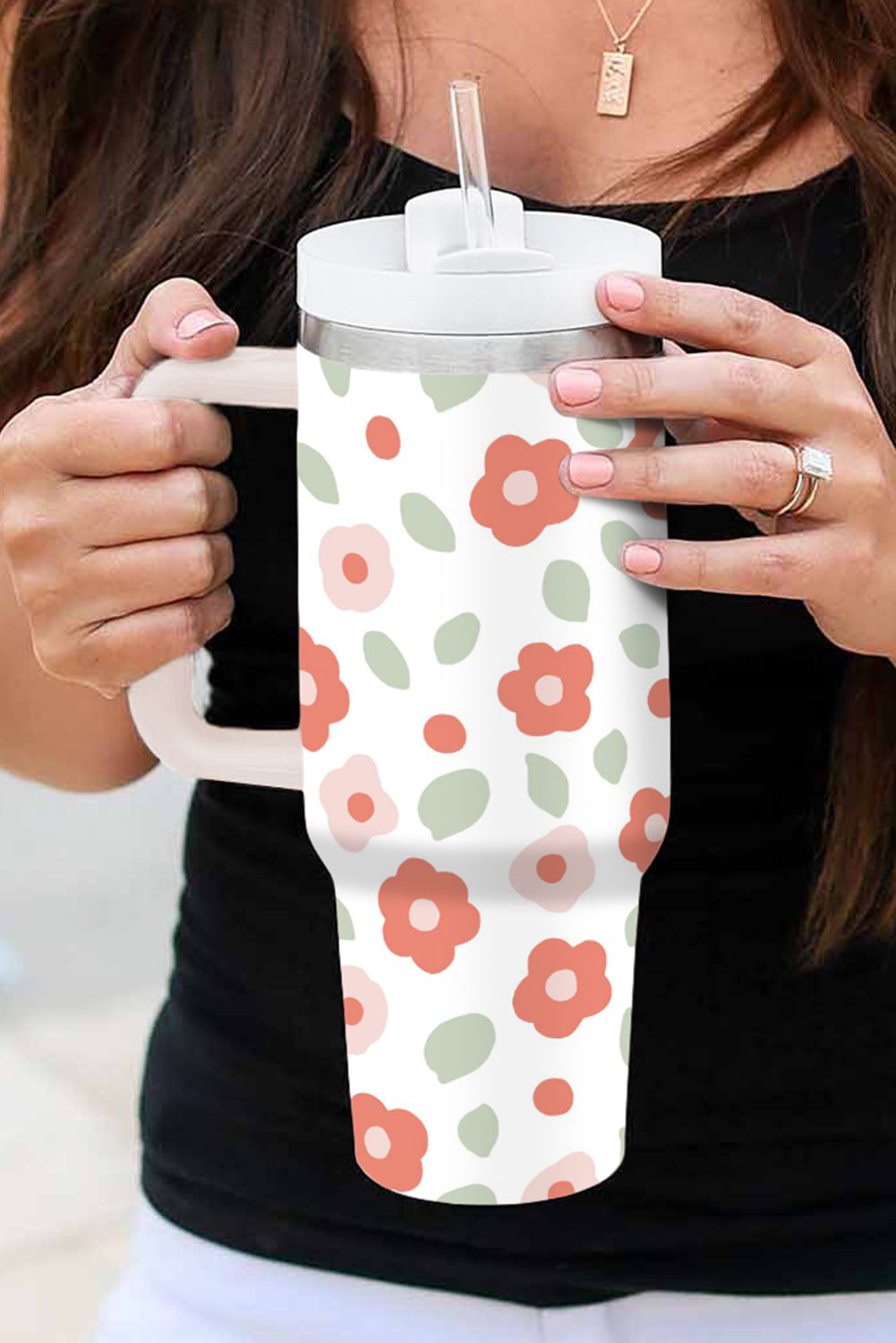 Floral Leaves Print Stainless Large Portable Cup 40oz