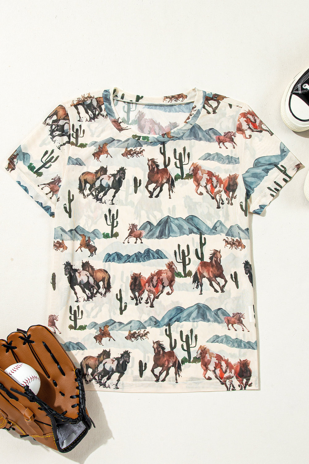 Western Mustang River Printed Mesh T Shirt