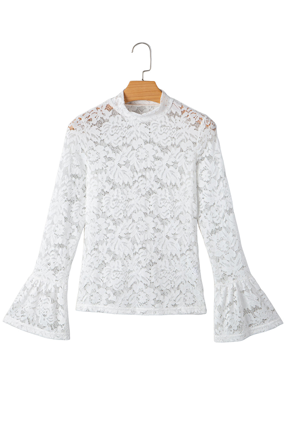 Lace Crochet Bell Sleeve Mock-Neck Blouse