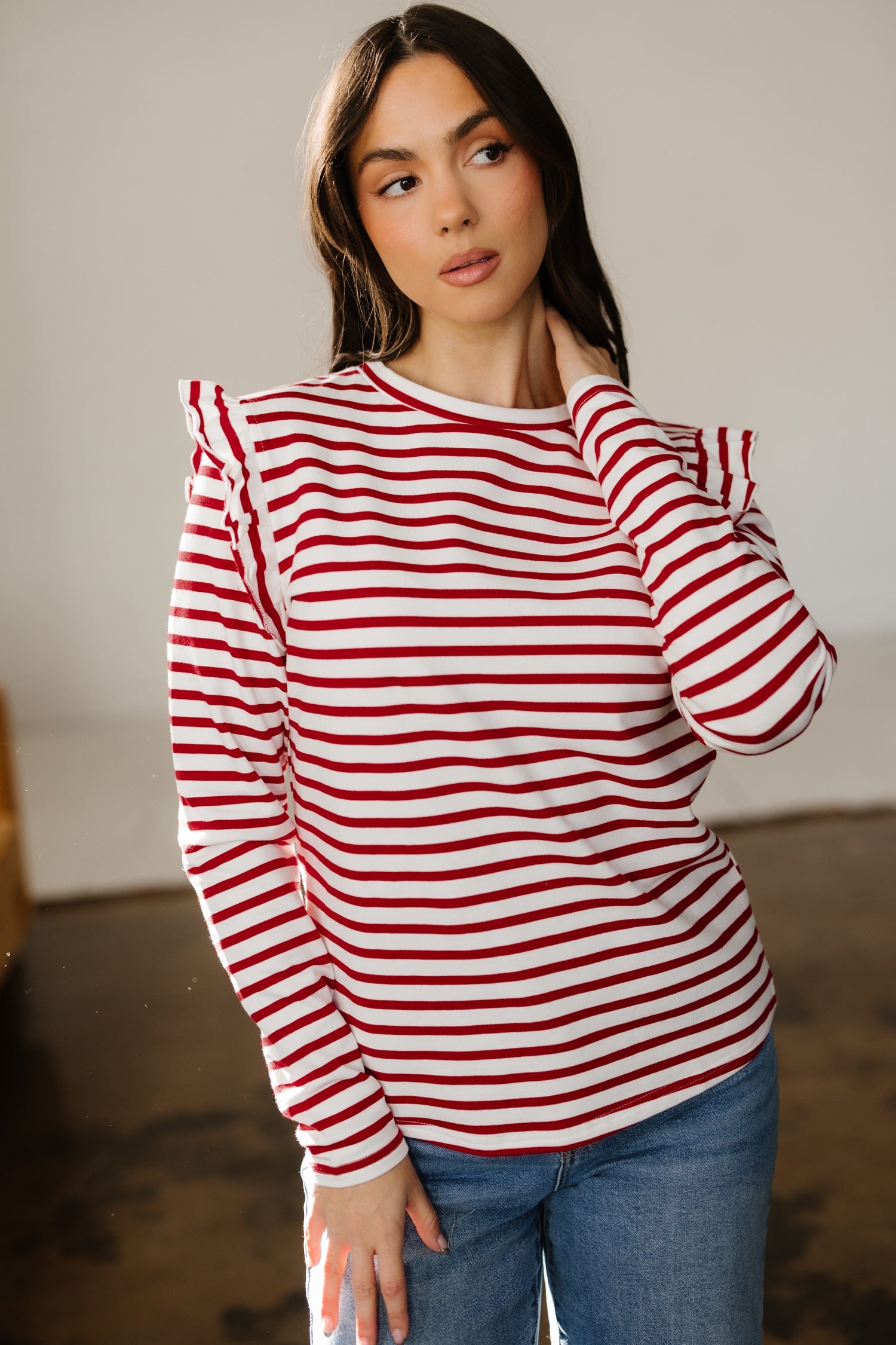 Ruffle Stripe Round-Neck Trim Long-Sleeved Top in Red
