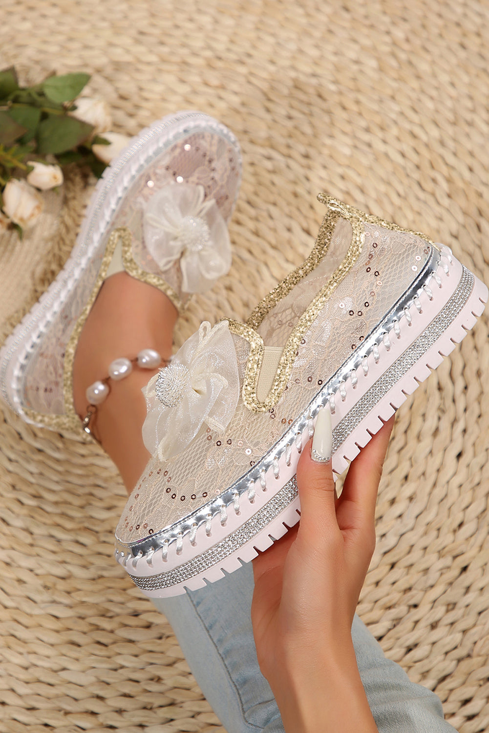 Decor Glossy Bow Breathable Lace Loafer Shoes