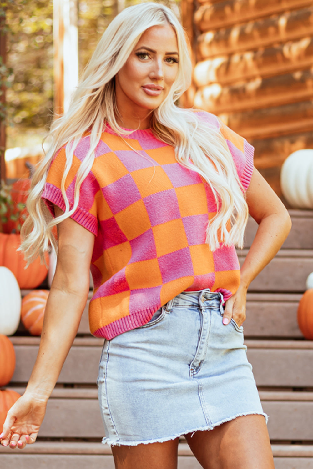 Pattern Colorblock Plaid Rib-Knit Trim Knit Top Tank Top