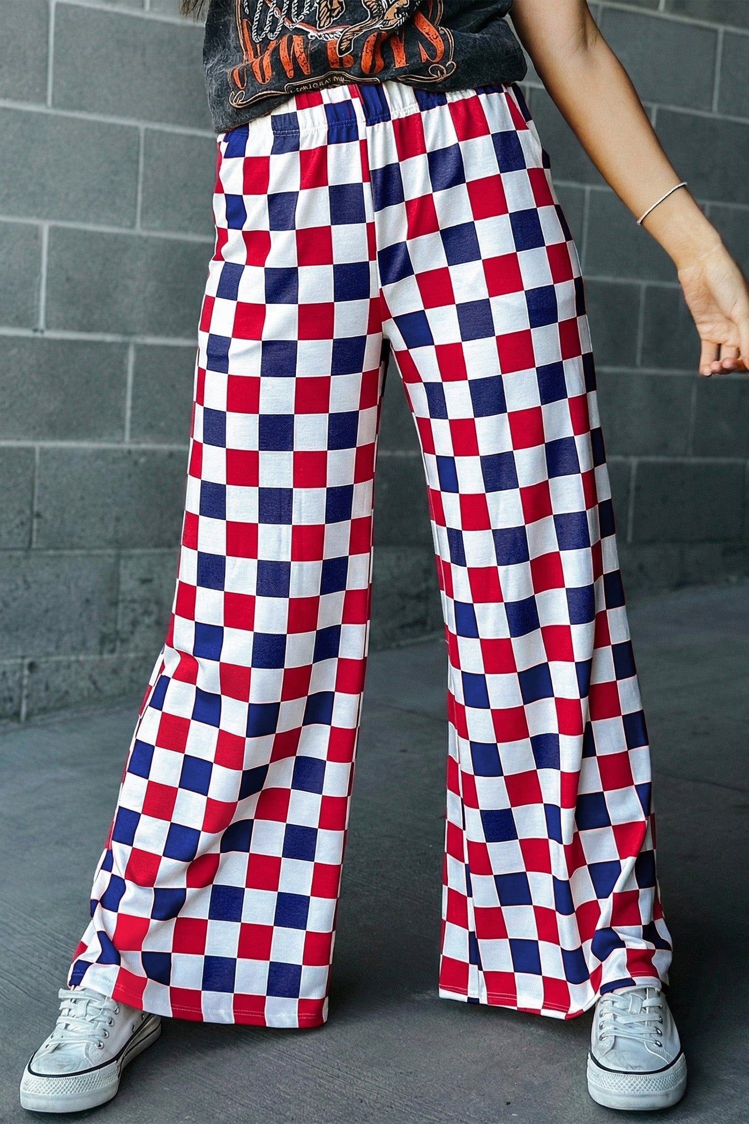 2-Tone High-Waisted Checked Print Wide-Leg Pants in Red