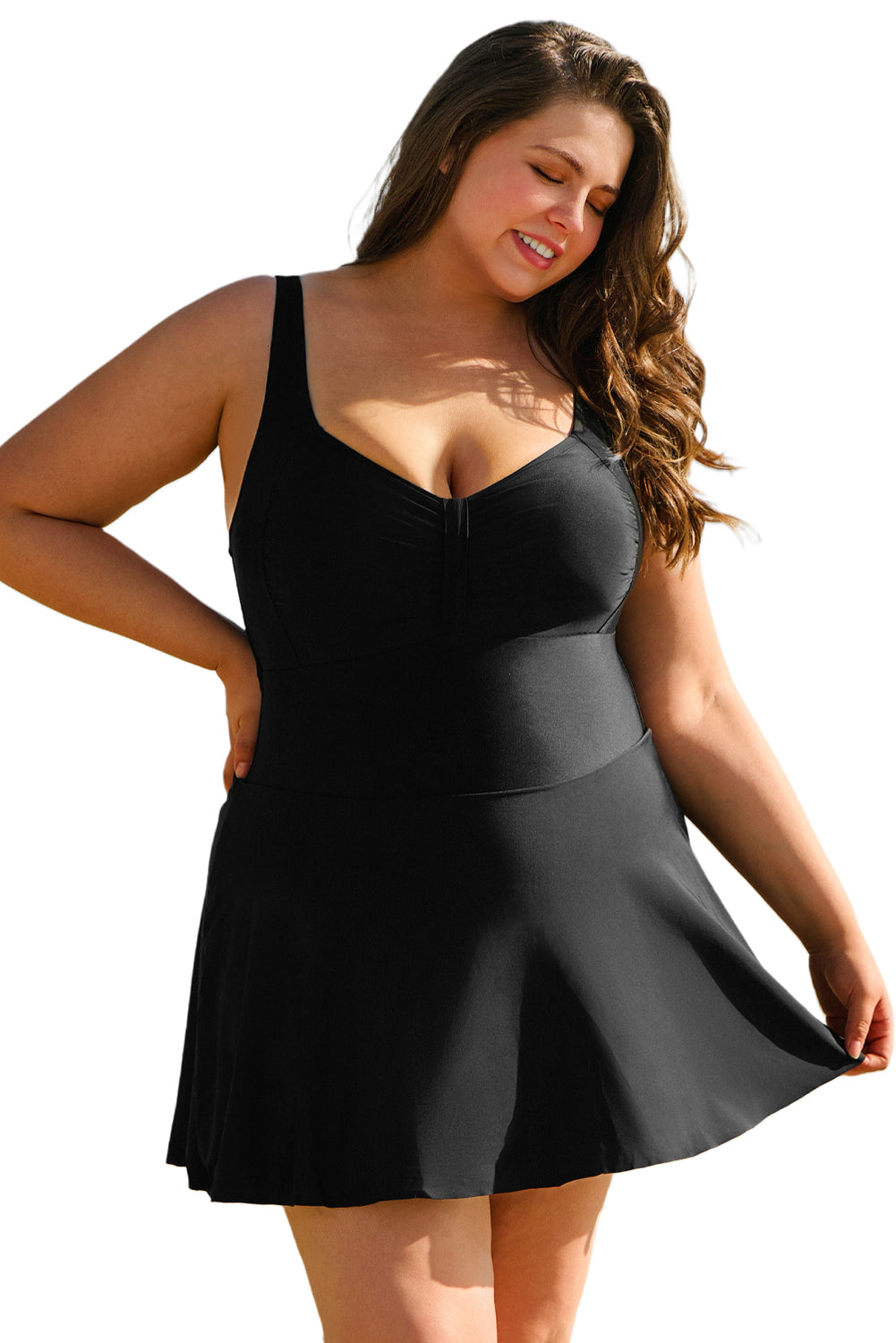 Plus Size Black Pleated Ruffled One Piece Swim Dress