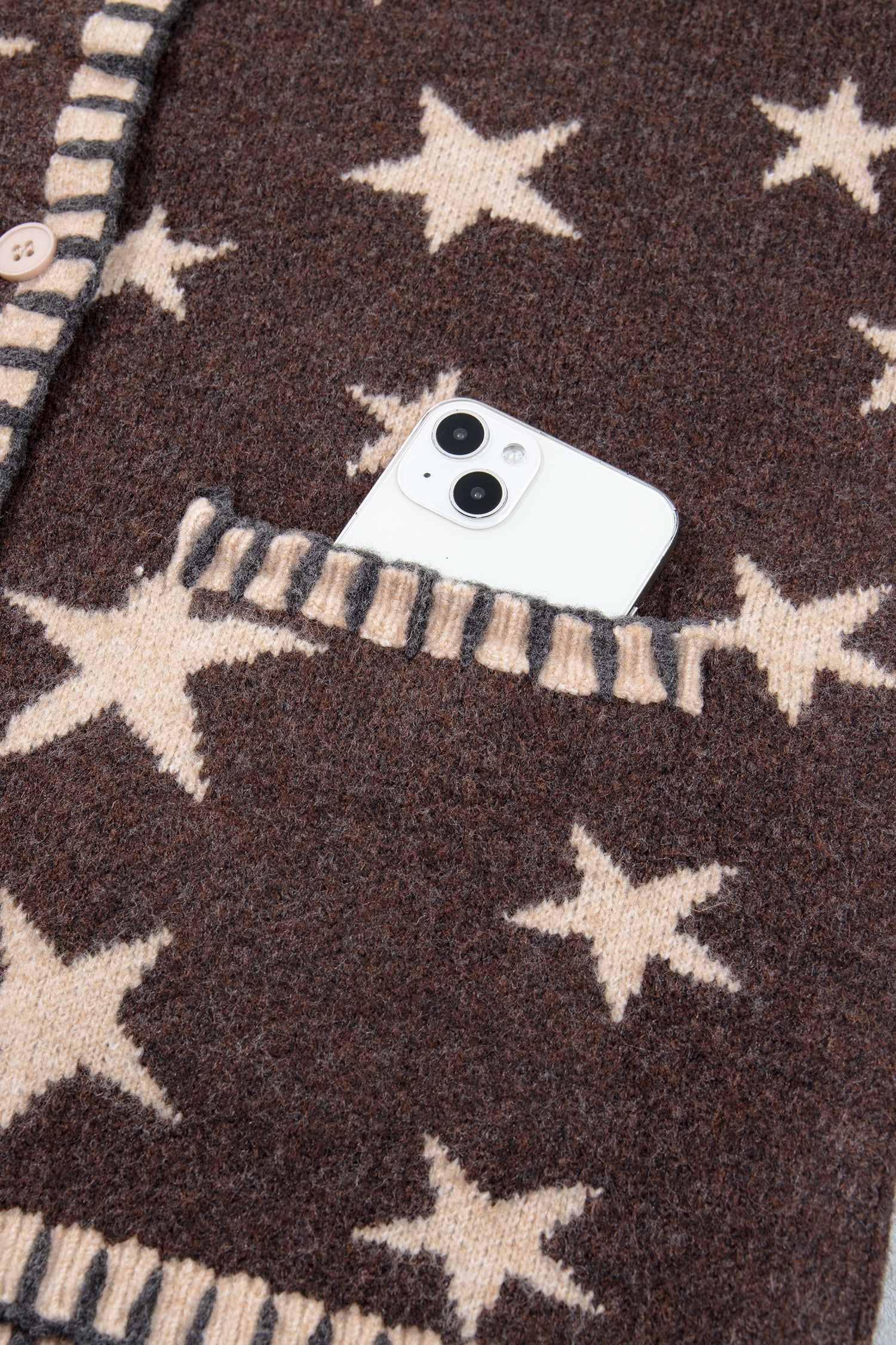 Stars Pattern Colorblock Long-Sleeved Shift Wool Cardigan in Brown