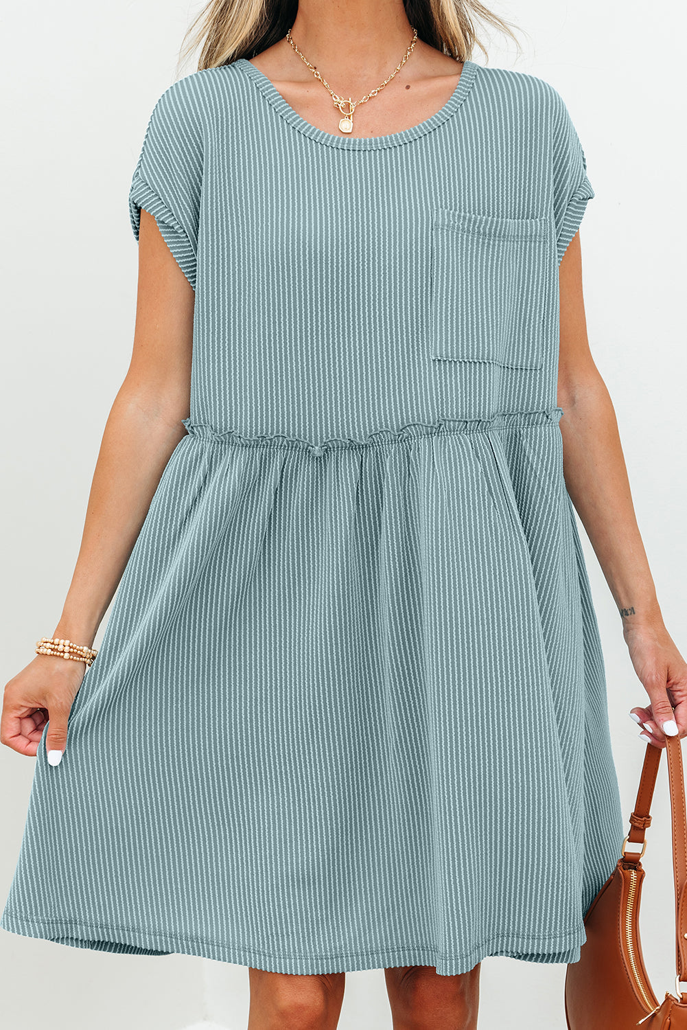 Knit Textured Corded Textured Patched Pocket Frilled Swing Mini Dress Featuring Pockets