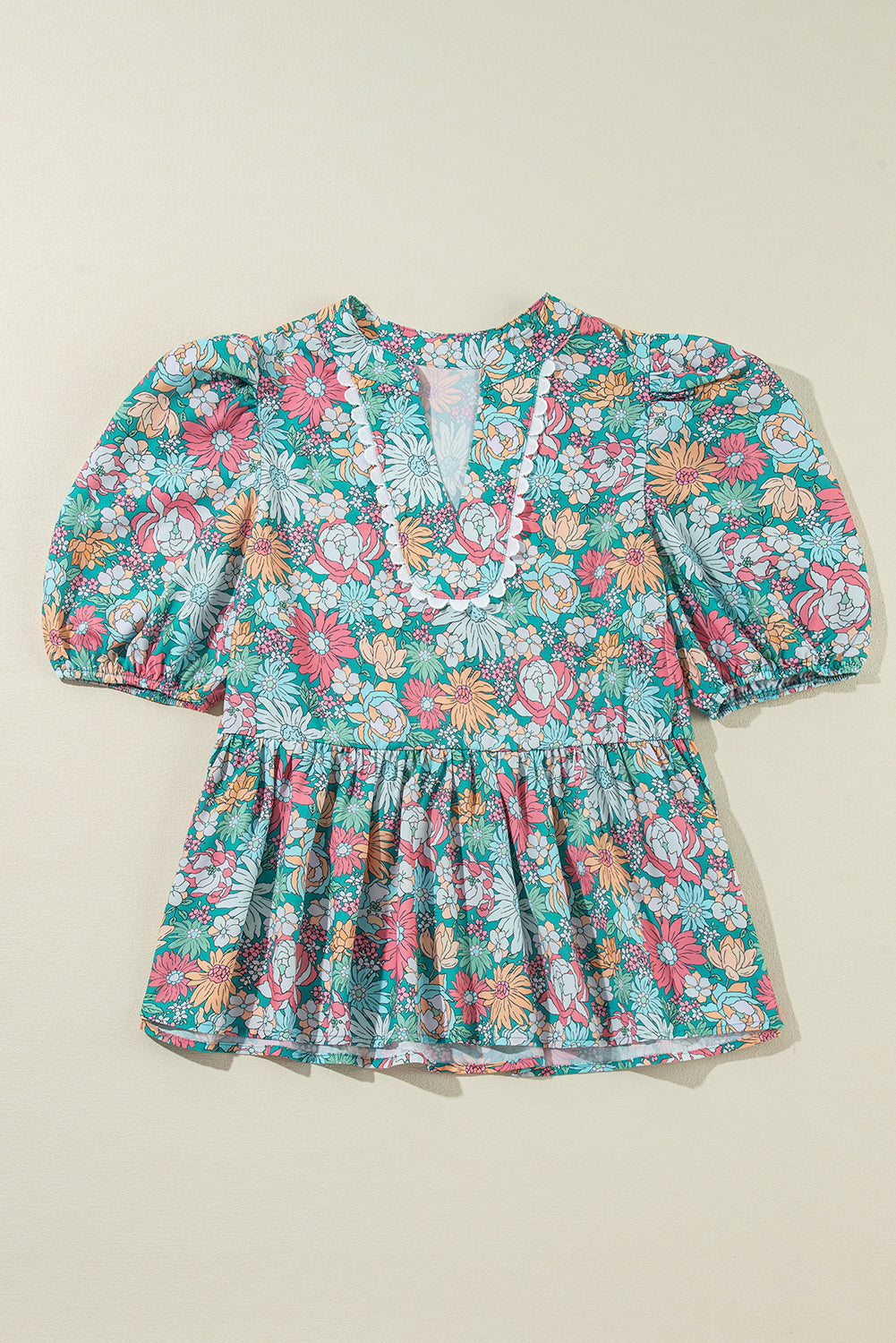 Notched Neck Puff Short Sleeve Floral Blouse