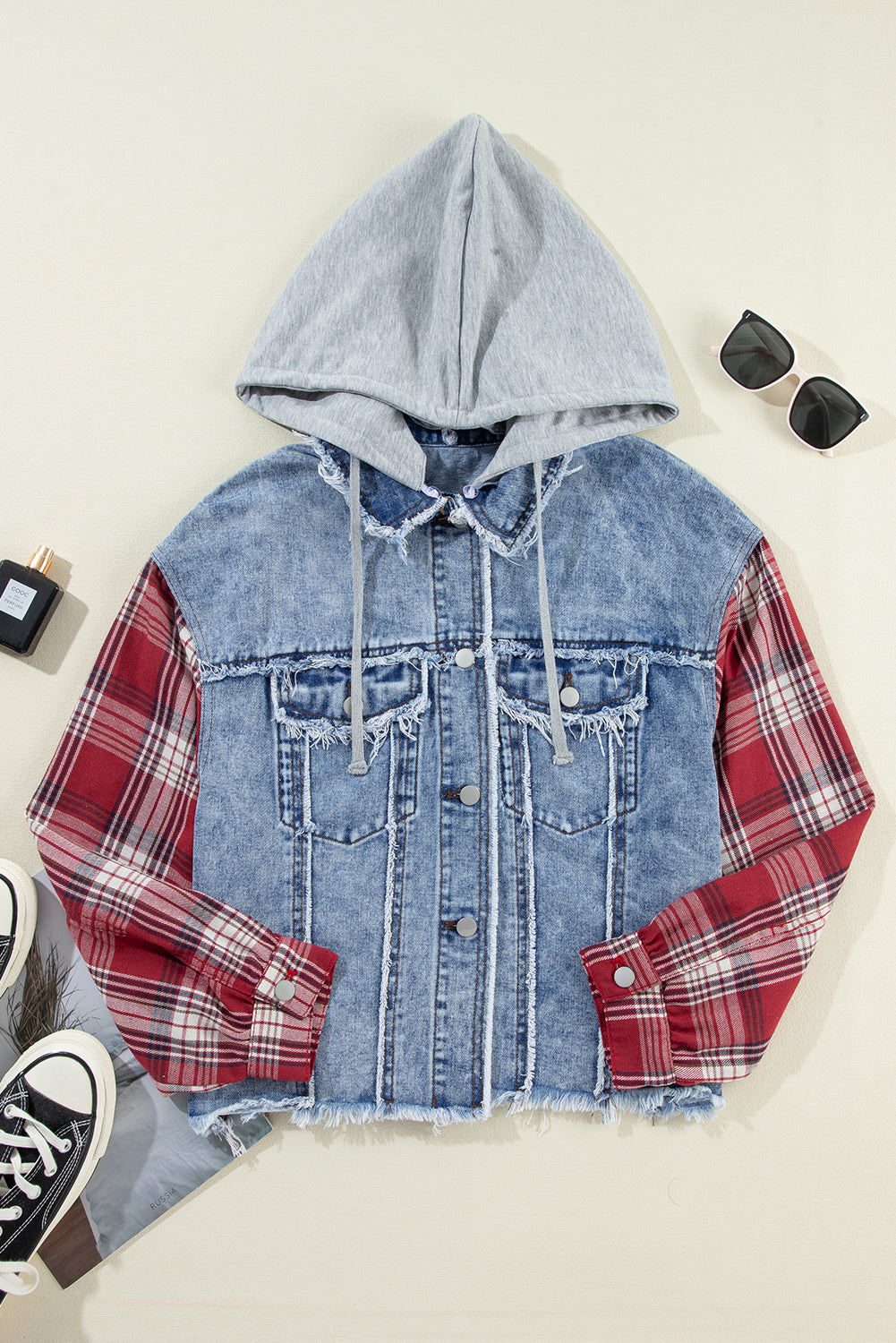 Plaid Hooded Print Patchwork Raw Hem Denim Jacket in Beau Blue