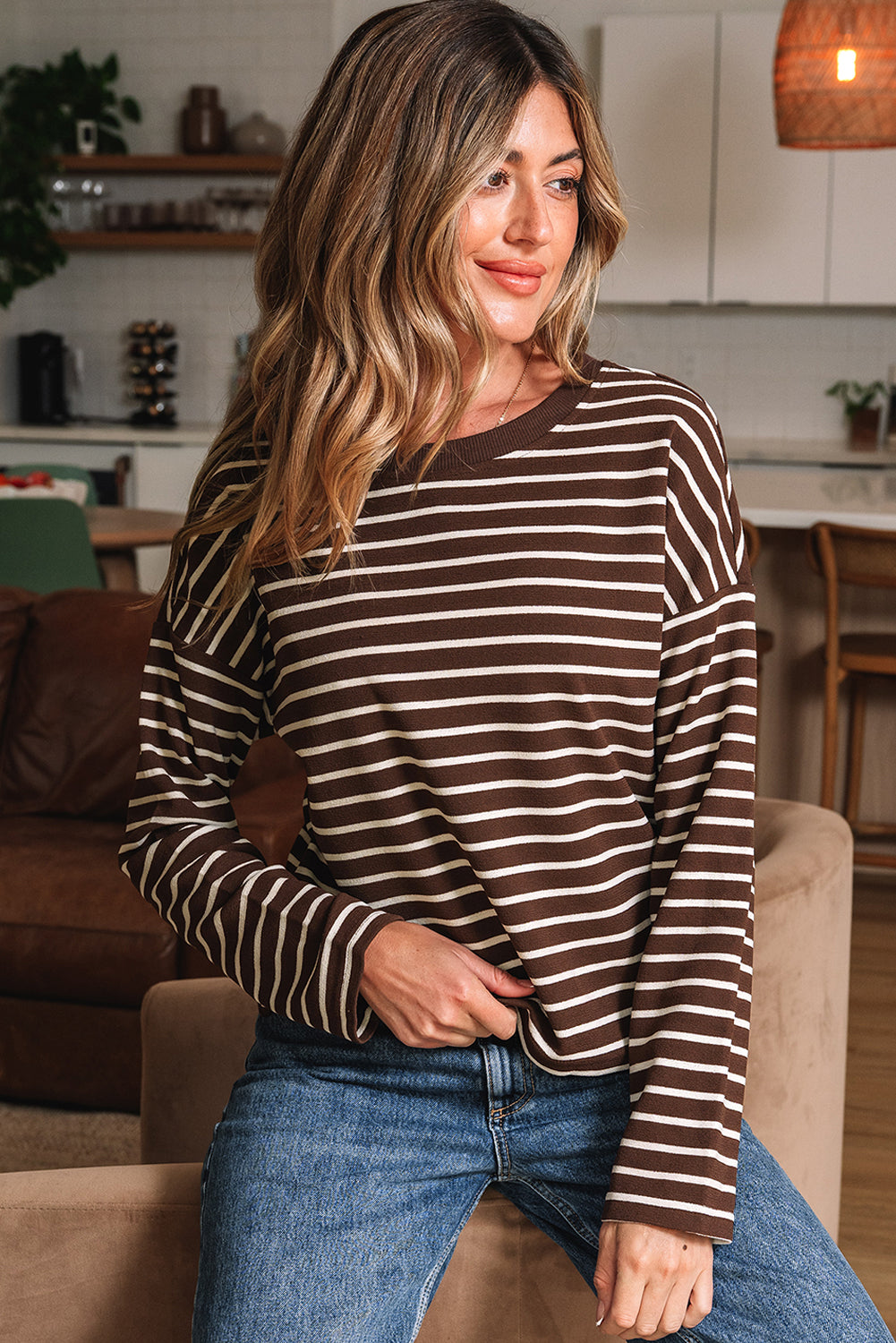 Cropped Stripe Rib-Knit Crew-Neck Long-Sleeved T Shirt in Brown
