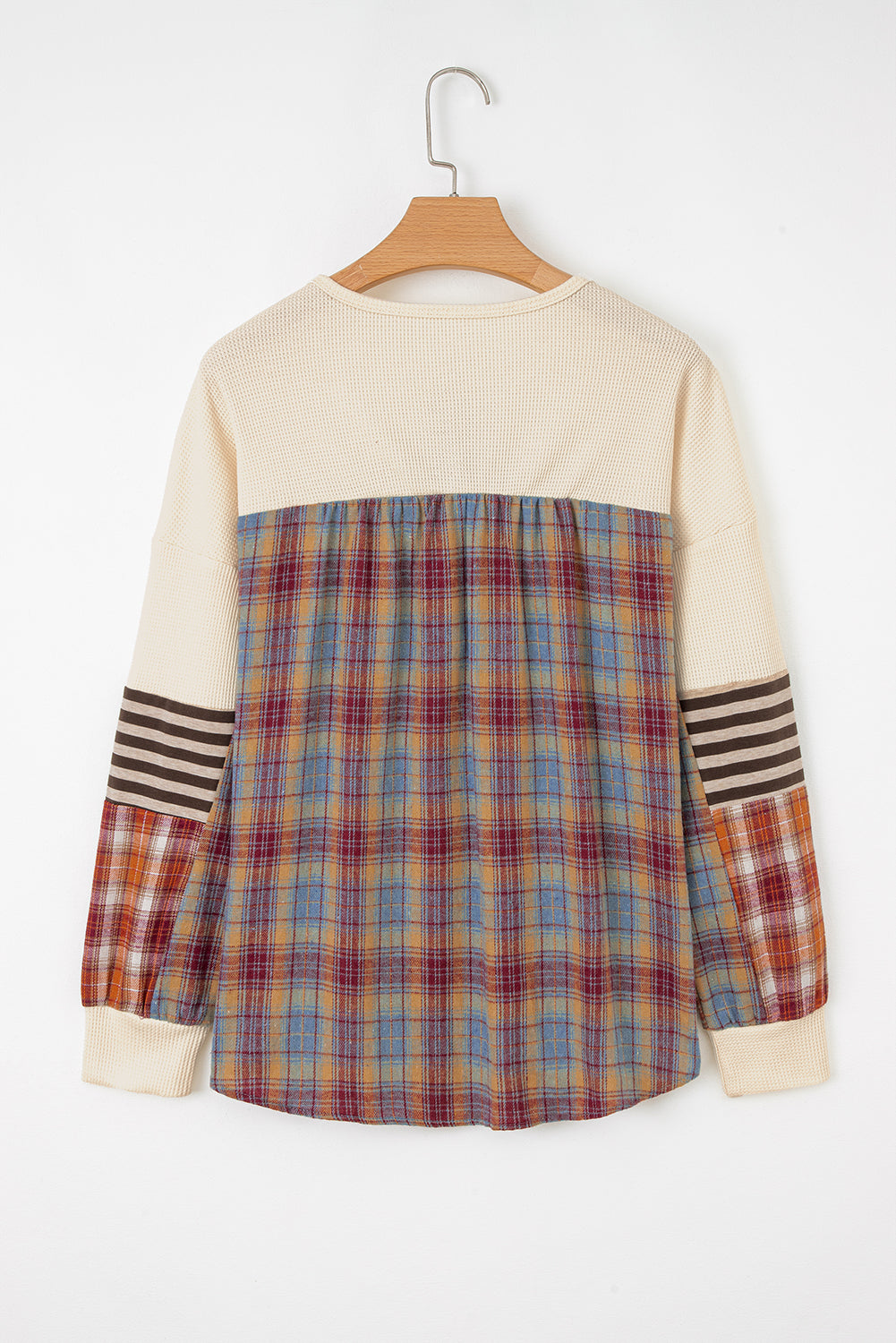 Stripe Plaid Waffle Plaid Patchwork Henley Knit Top
