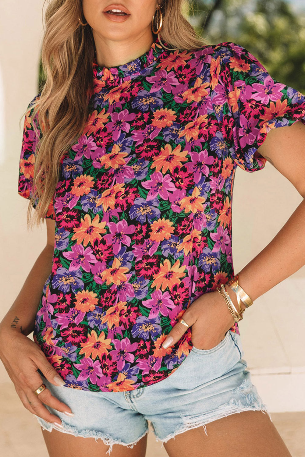 Women's Blouse with Floral-Print Round Neck Balloon Sleeve