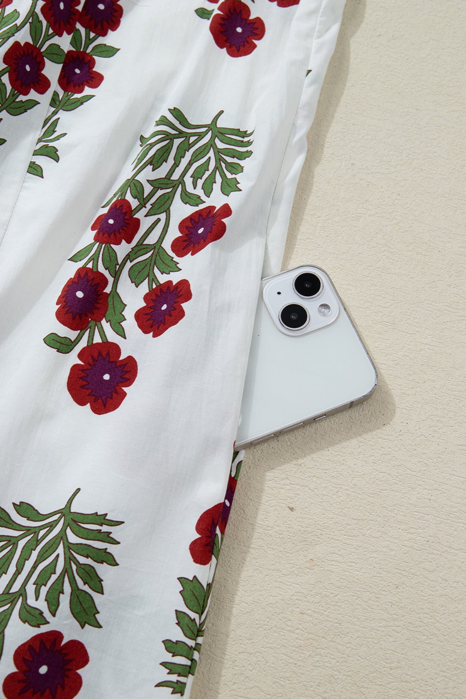 Frilled Sleeve V-Neck 3/4 Loose Floral Dress in White