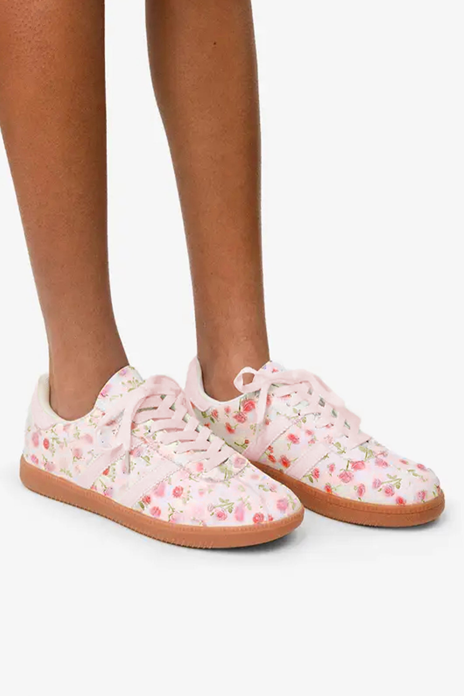 PU Floral-Print Lace-up Leather Flat Shoes in Light Pink