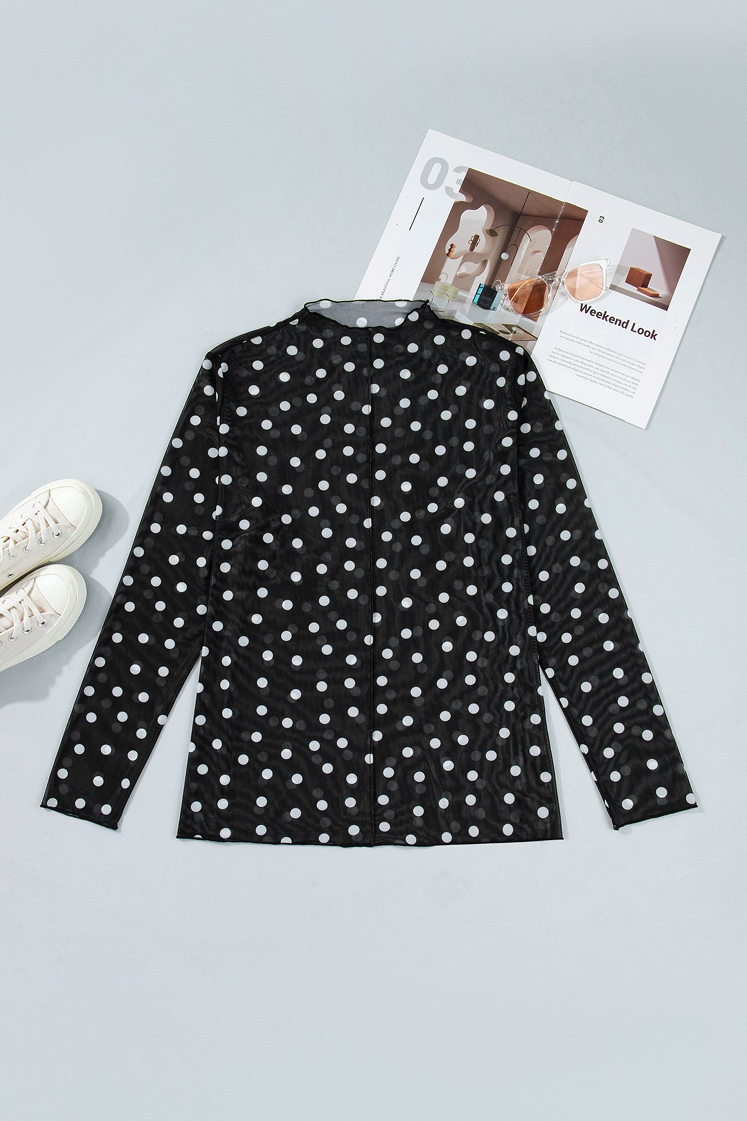 Plus Size Mock-Neck Polka-Dot Long-Sleeved Mesh Top in Black