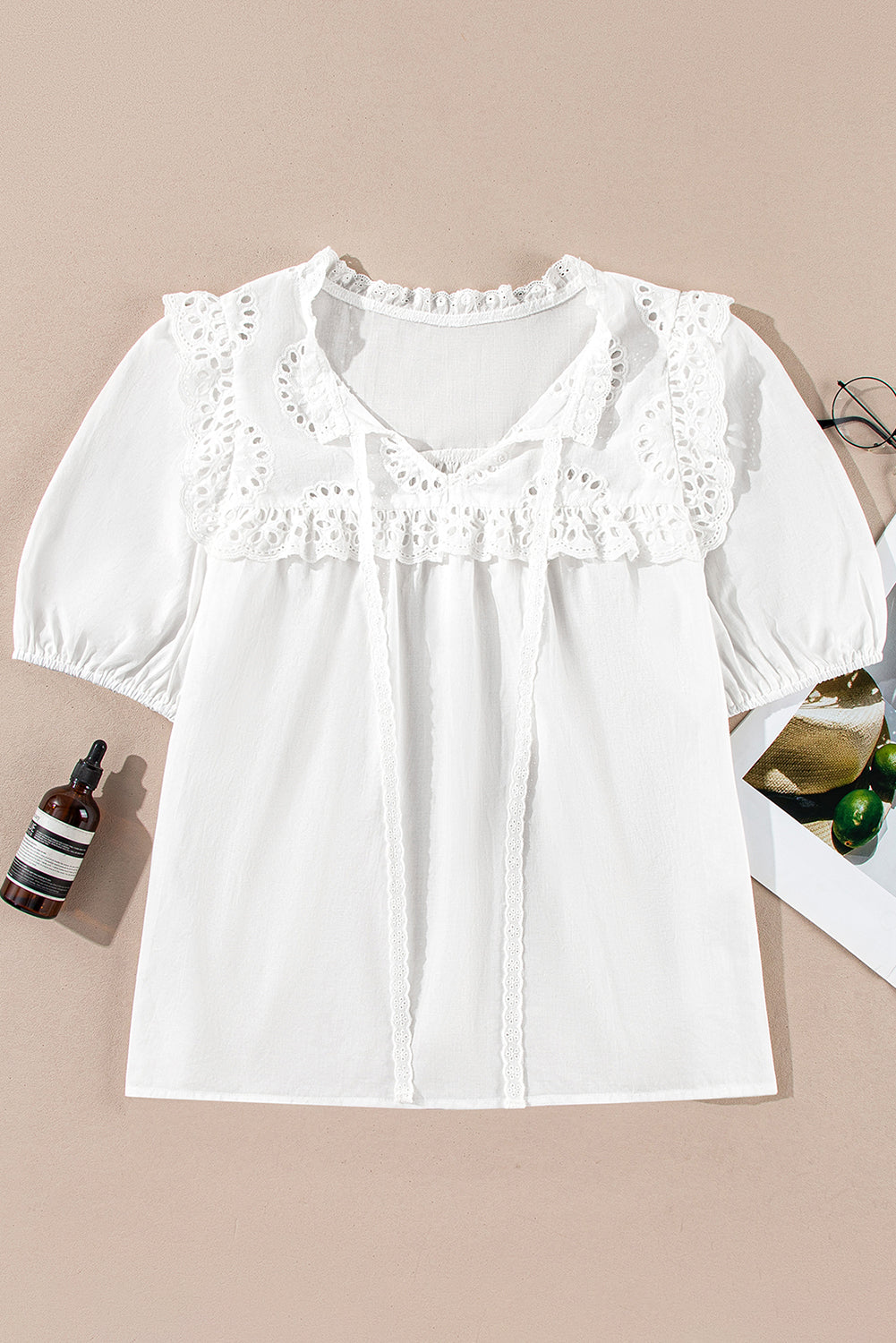 Embroidered Lace Puff Short Sleeve Blouse