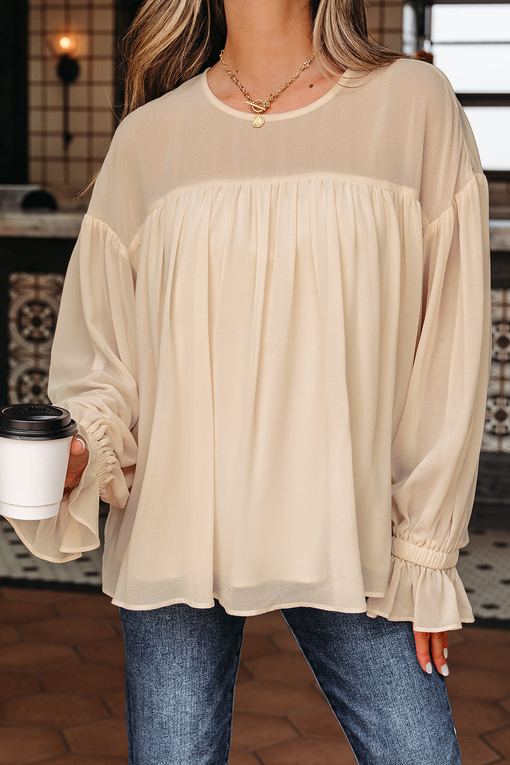Pleated Ruffle Long-Sleeved Chiffon Blouse