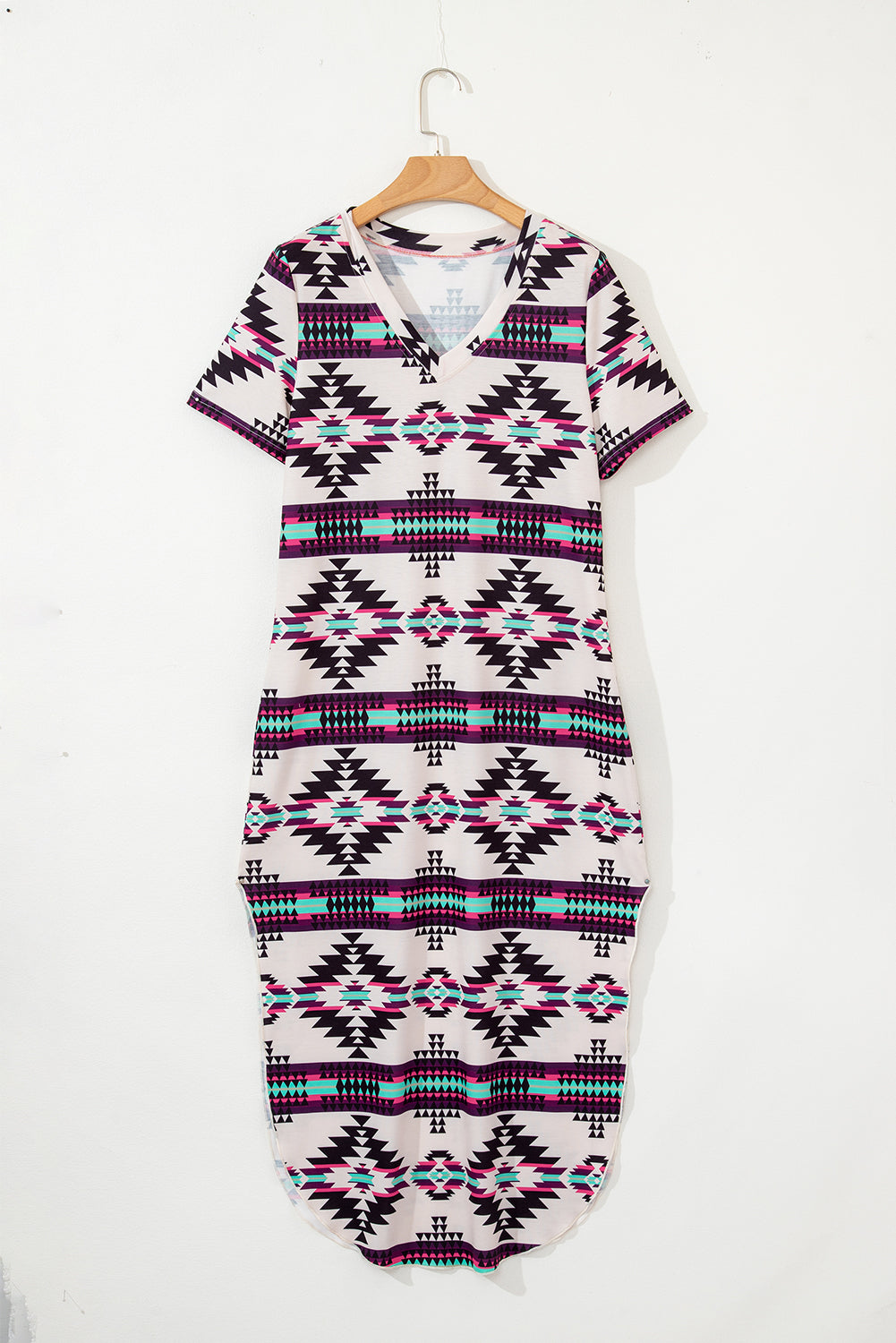 Western Aztec Printed Long T-shirt Dress