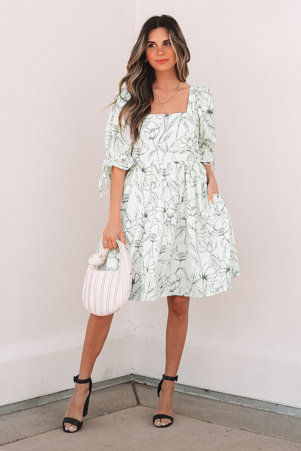 Floral Print Square Neck Shirred Back Mini Dress