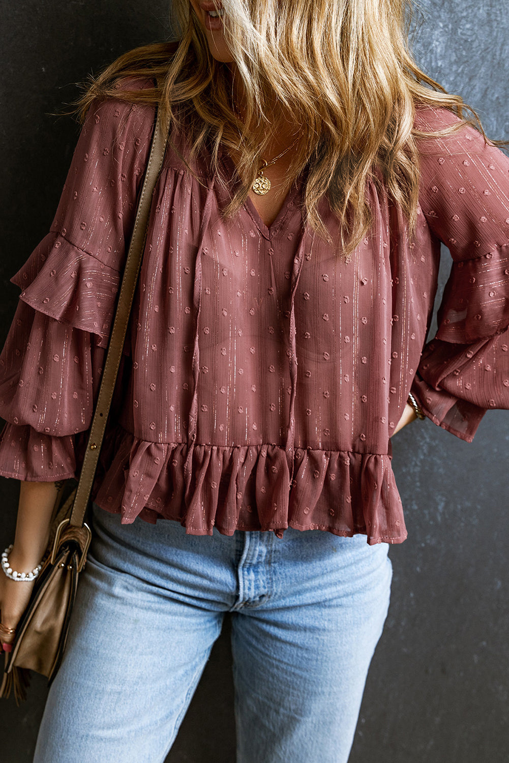 Women's Blouse with Ruffle-Trimmed Swiss Dot Lace-Trimmed up V Neck