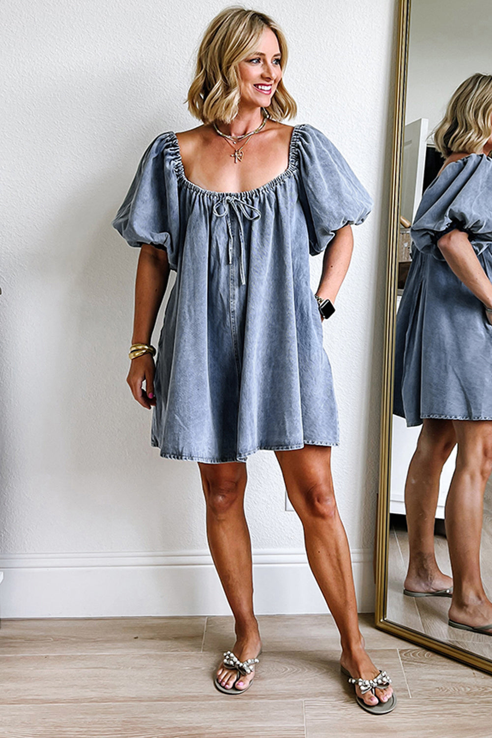 Bubble Neck Sleeve Square Denim Babydoll Dress