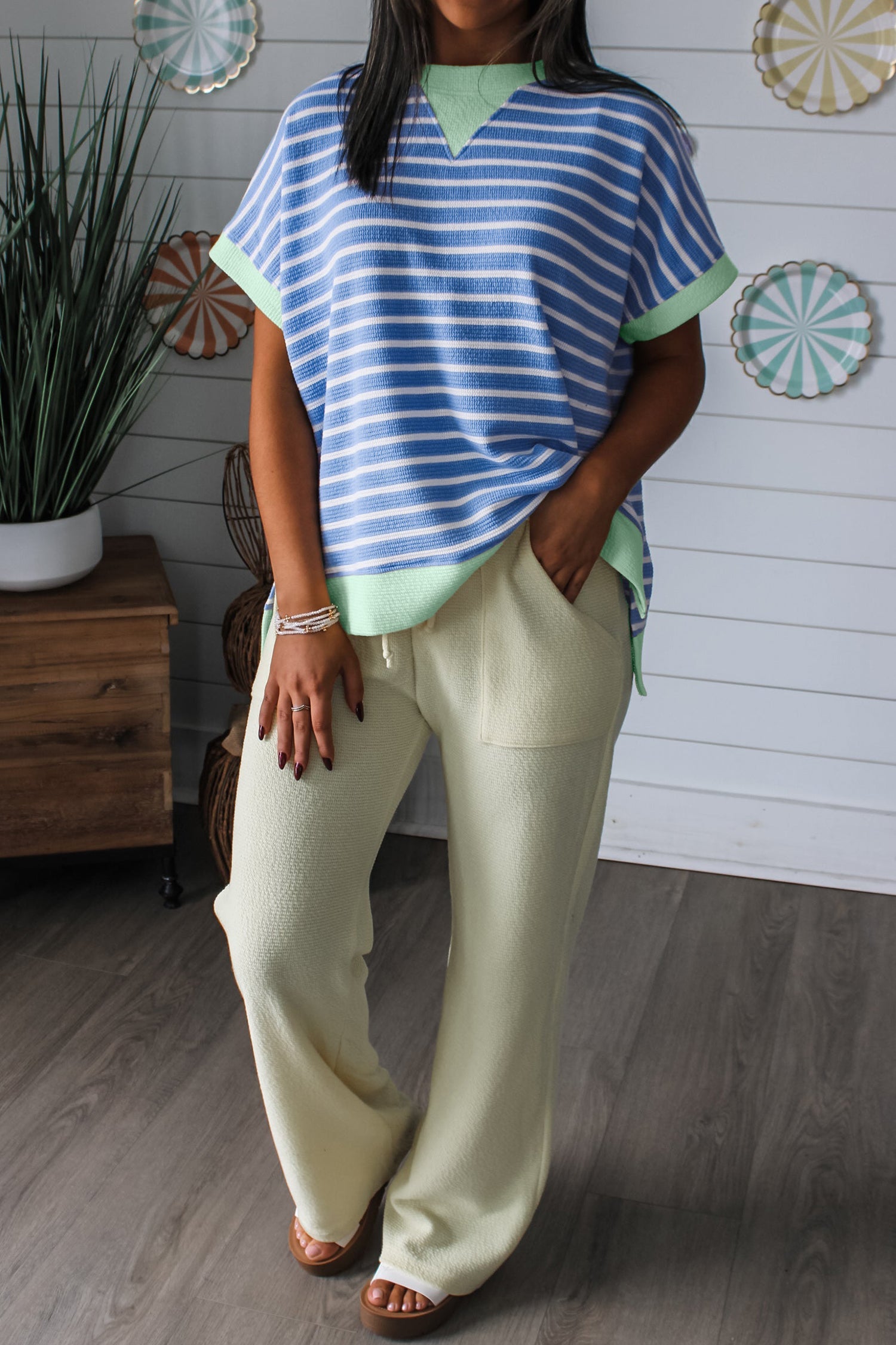 Everyday Sky Blue Stripe Loose Short-Sleeved Top