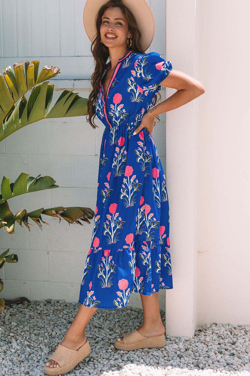 Short-Sleeved Floral Puff Maxi Dress in Blue