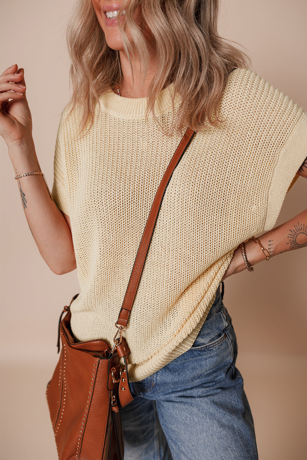 Batwing Short Sleeve Round Neck Knit T Shirt