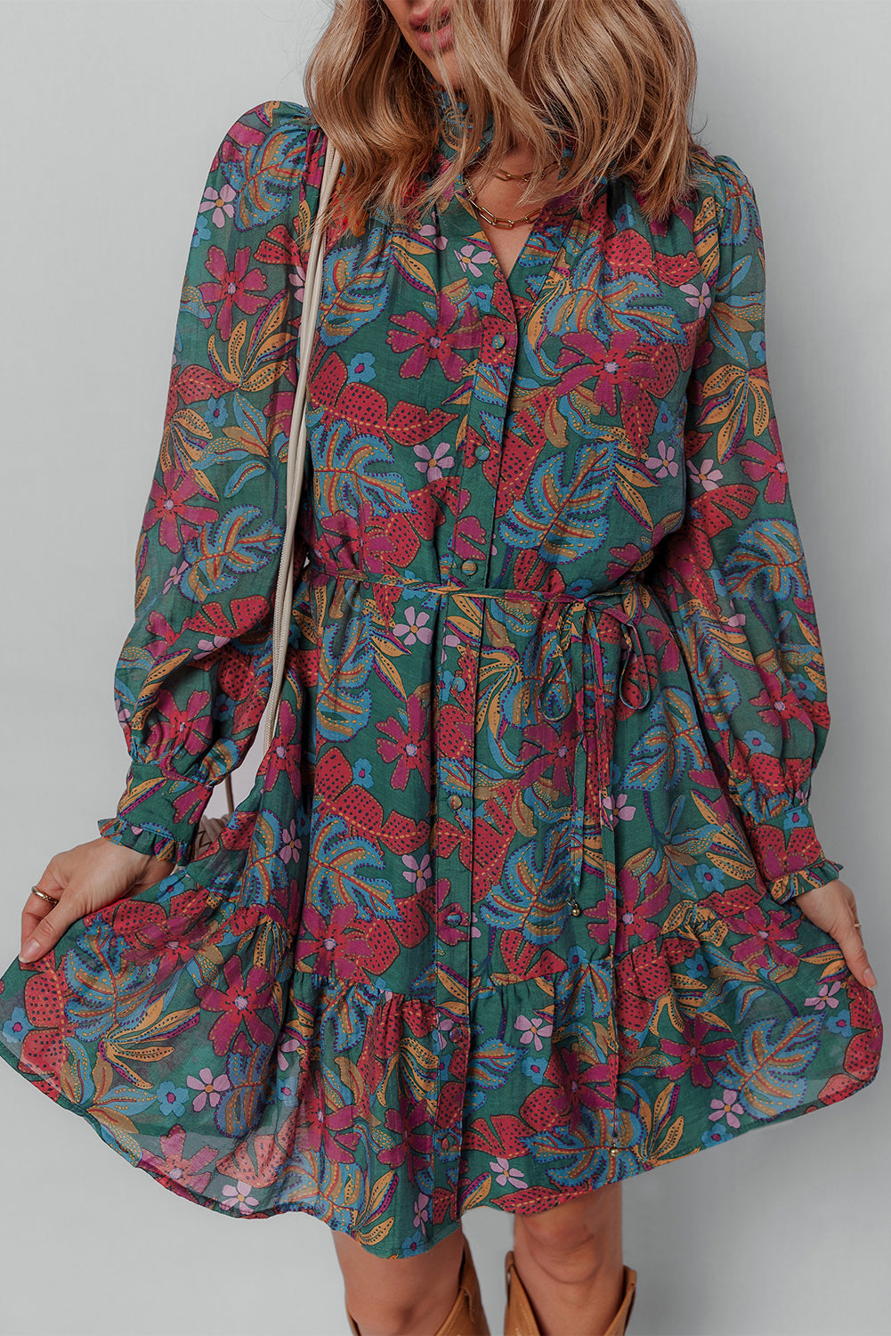 V-Neck Floral Friled Puff Sleeve Ruffled Shirt Dress