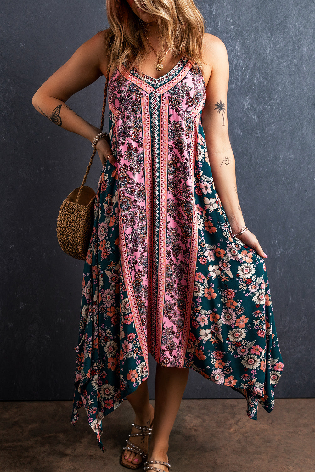 Robe d'été longue rose bohème à imprimé floral et patchwork