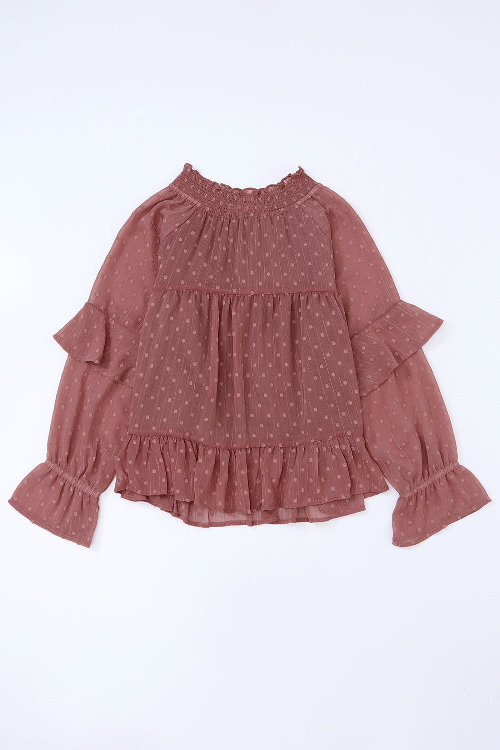 Women's Blouse with Ruffle-Trimmed Swiss Dot Lace-Trimmed up V Neck