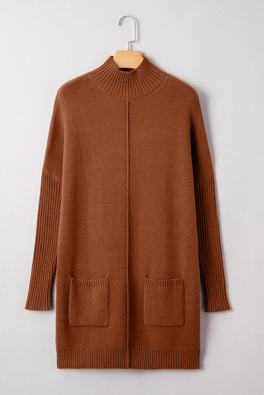 Neck Rib-Knit High Front Pockets Center Seam Shift Knit Top Dress