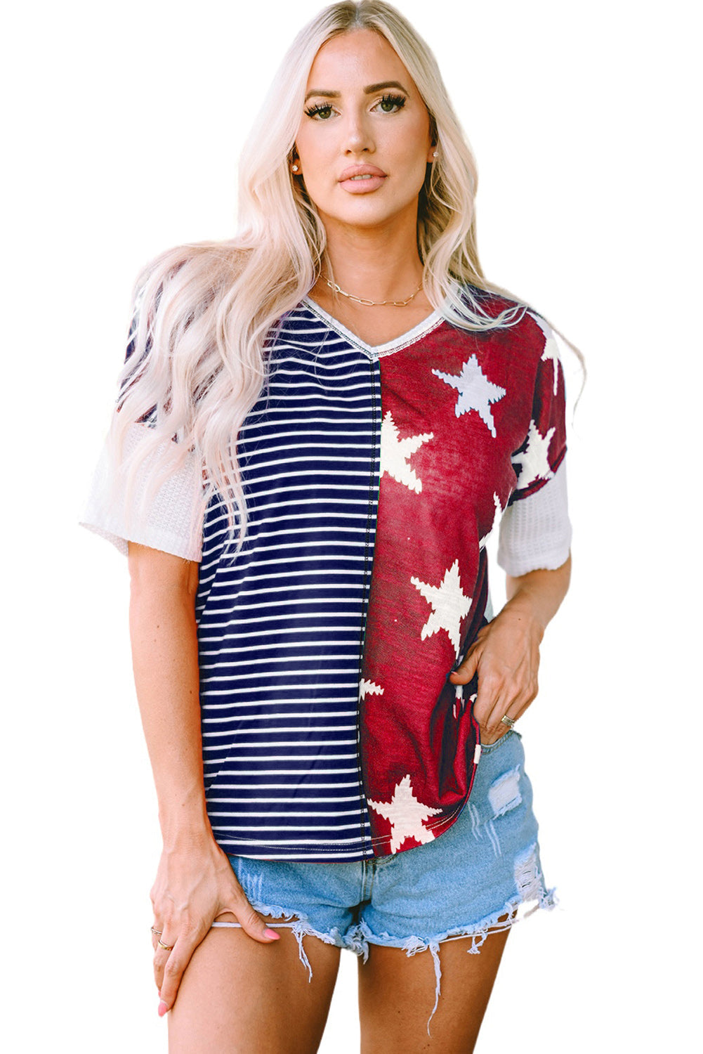 Women's Knit Top Featuring Stripes Stars Print
